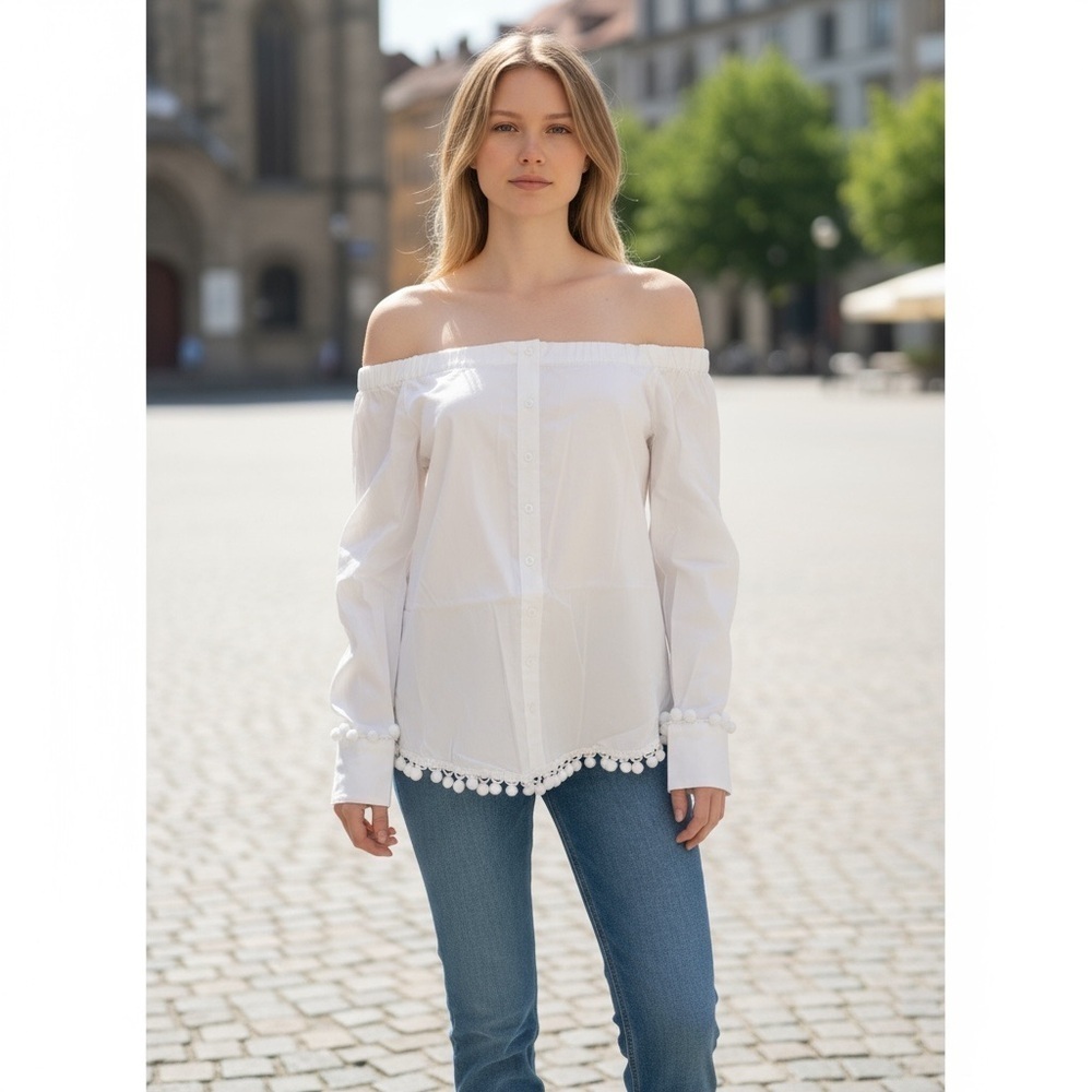 AMT White Button Down Off Shoulder Top
New